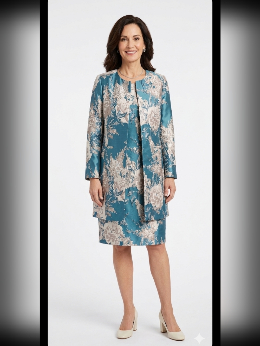 Tahari Teal and Cream Floral Dress